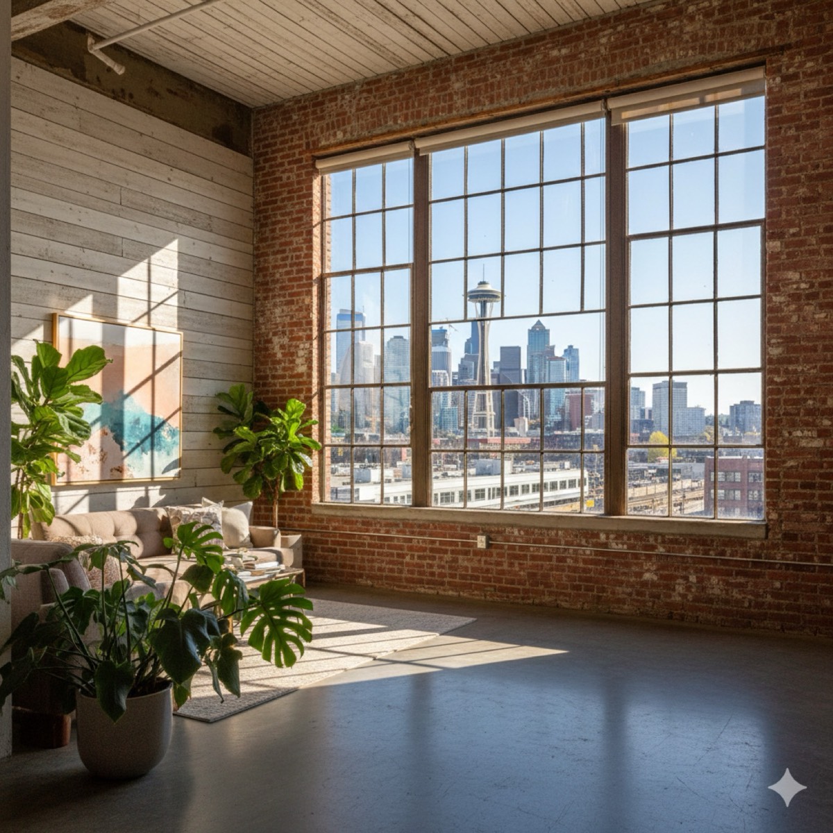 Staged SODO warehouse loft interior with high ceilings and large industrial windows in Seattle